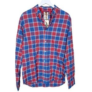 Relwen Huckberry Mens Rumpled Lawn Ultralight Shirt Red Navy Light Blue Medium